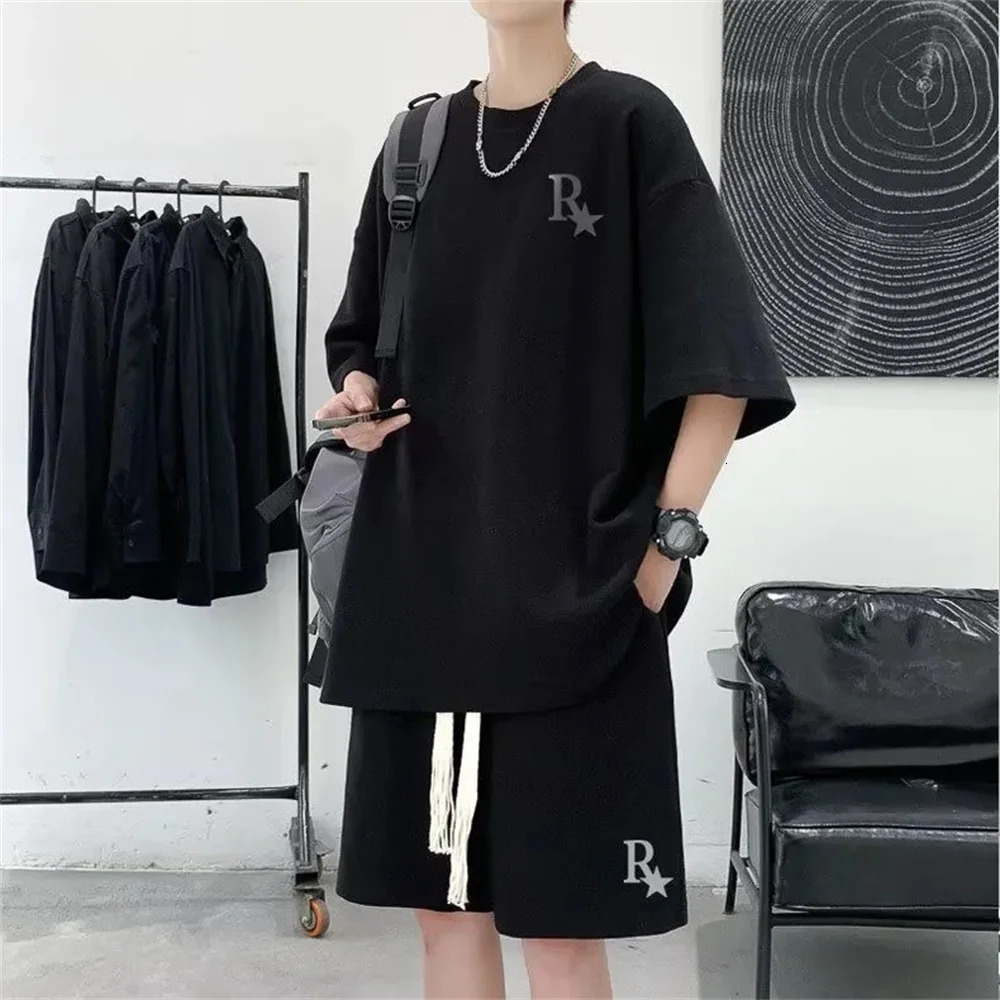 Oversized Japan Korean Fashion College Waffle Set Men Summer Casual Loose Short Sleeve T-shirt Shorts Sports Two Piece Set 250225