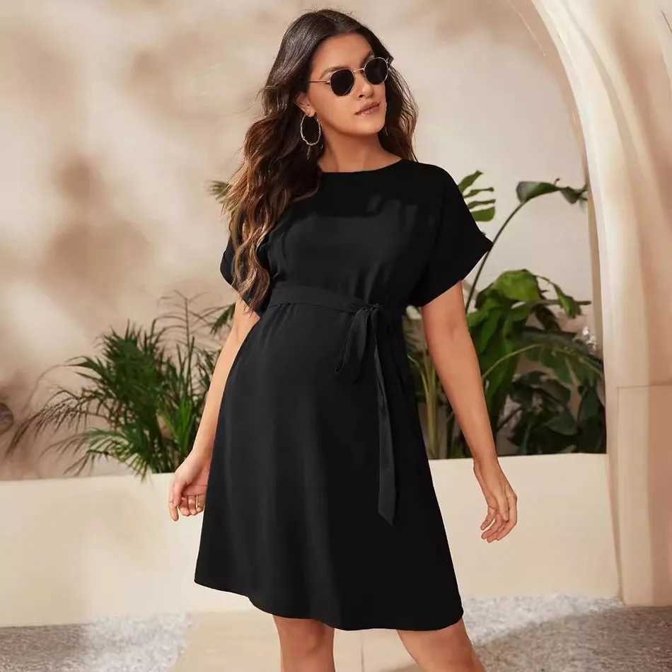 Pregnant Woman Bat Sleeve Waist Tied Dress Pregnant Women Solid Color Lace Up Round Neck High Waisted Dress Women Casual Dress X250224