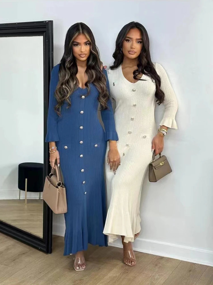 Elegant Knitted Long Dress Women Flare Sleeve V Neck Ruffles Single Breasted Bodycon Dresses Party Fashion Office Lady Dresses 250222