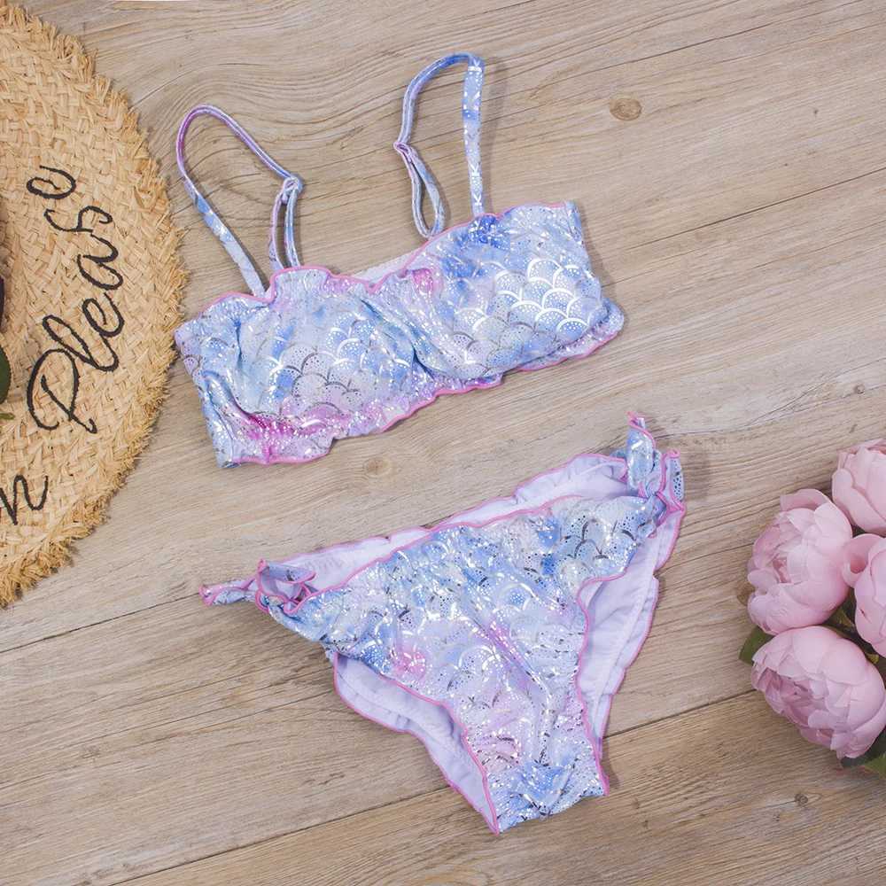 Sequined Mermaid scales Girl Swimsuit Kids Teenage Girl Bikini Set Two Piece Childrens Swimwear Girls Bathing Suit Beachwear X250224