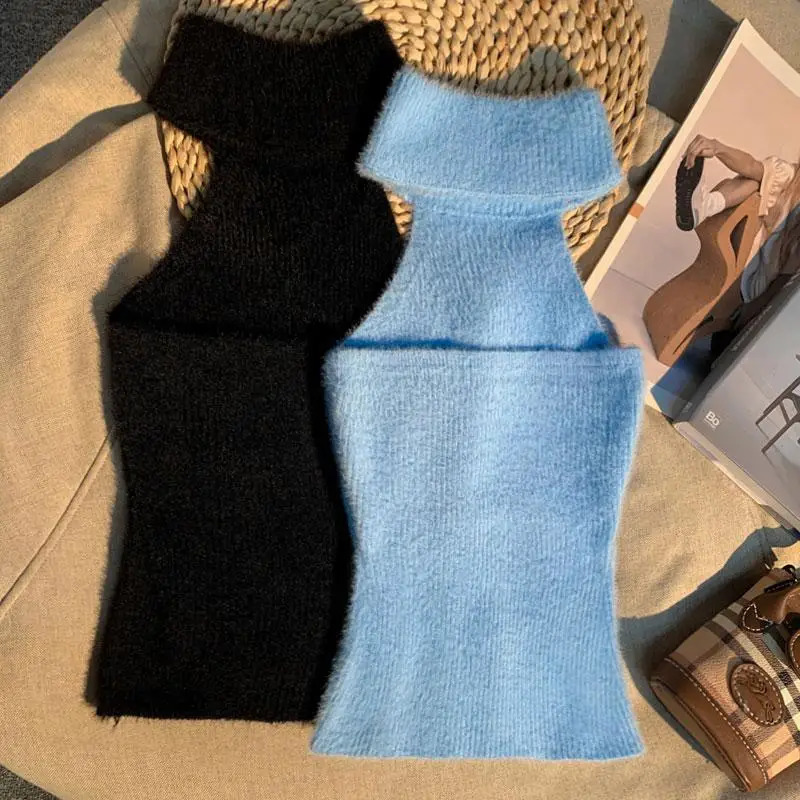 Spice Hair Halter Neck Camisole Female Mink Inside Tank Top Autumn and Winter Sense Knitted Bandeau Top 250224