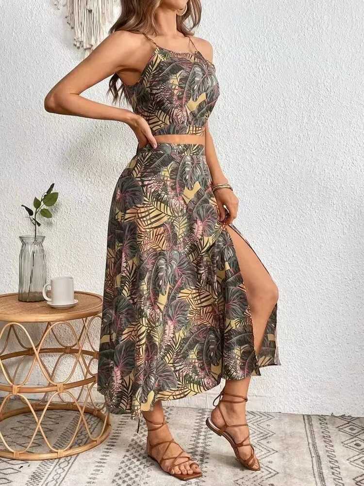 Basic Dresses Casual Bohemian Beach Vacation Set Dress For Womens Sexy Vest Camisole Top A-line Skirt Two-Piece Boho Print Sets Outfit Woman H25224 C2