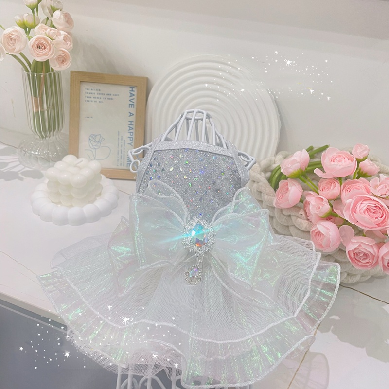 Pet Cat Dog Clothing with Shiny Large Diamond Bow, Summer Cat Princess Fashionable Chiffon Skirt, Pet Princess Bubble Dress, Suitable for Small and Me