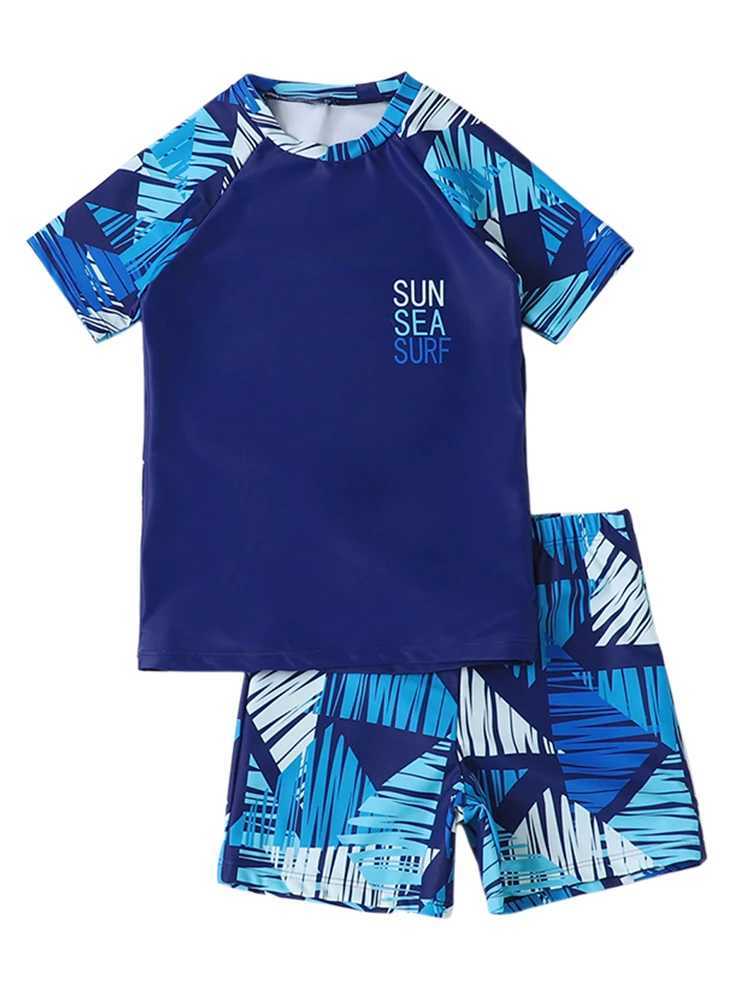 Boy Swimsuit 2025 New Blue Print Short Sleeves Childrens Swimwear Two Piece Summer Kids Shorts Beach Wear Swimming Bathing Suit X250224