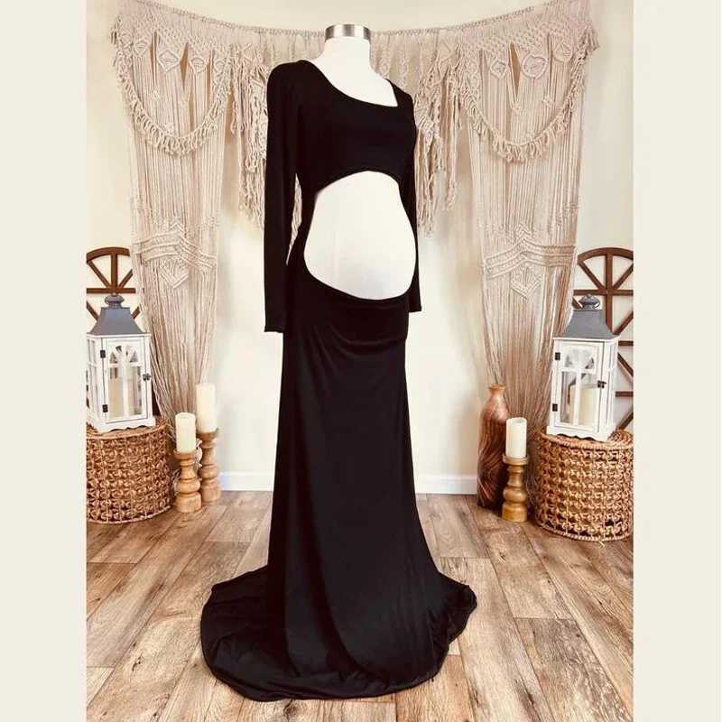 Solid Color Cut Out Backless Crop Bodycon Mermaid U-Neck Long Sleeve Photoshoot Maternity Maxi Dress X250224