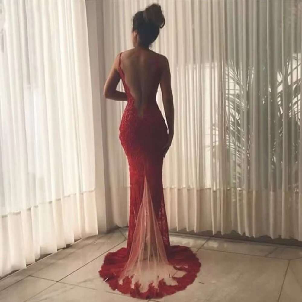 Fashion Appliques Burgundy Long Mermaid Open Back Evening Dresses Sexy Side Split Stylish Party Dress For Woman prom