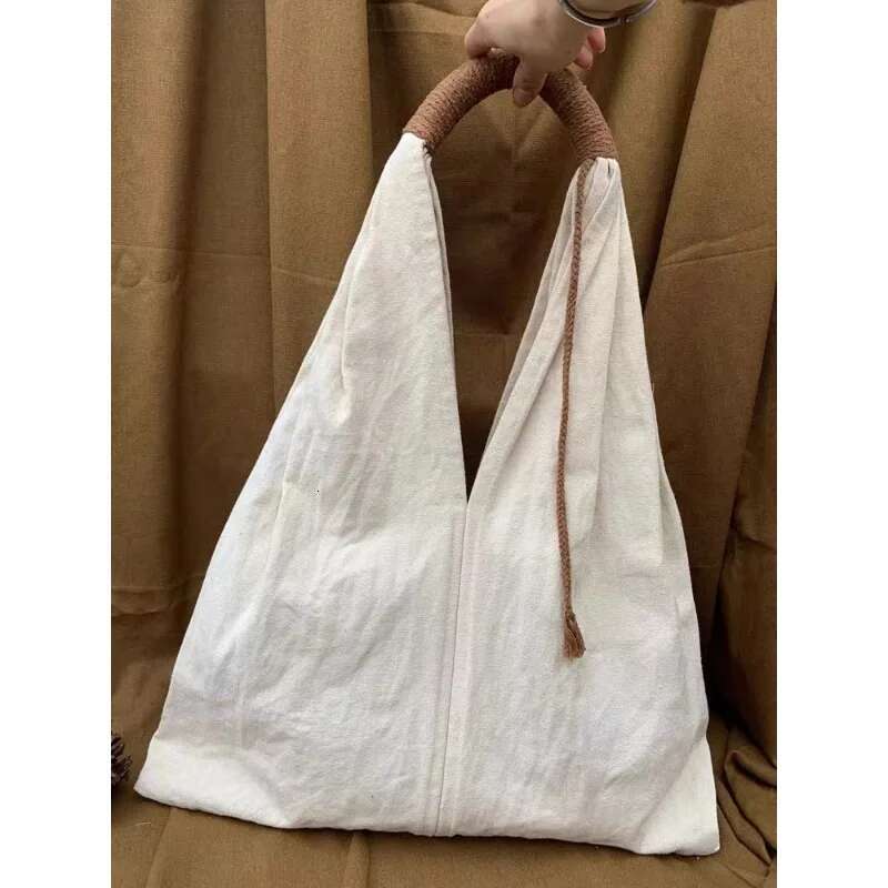 French Retro Cotton And En , Literary Canvas Solid Color Casual Handbag, Cloth Bag, Women's Bag