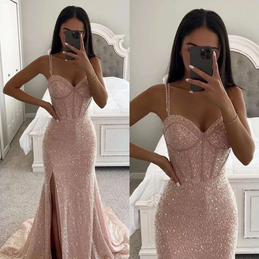 Pink Sequins Mermaid Prom Dress Spaghetti Bone Bodice Evening Dresses Elegant Backless Thigh Split Formal Gowns For Black Women Long Robe De Soiree
