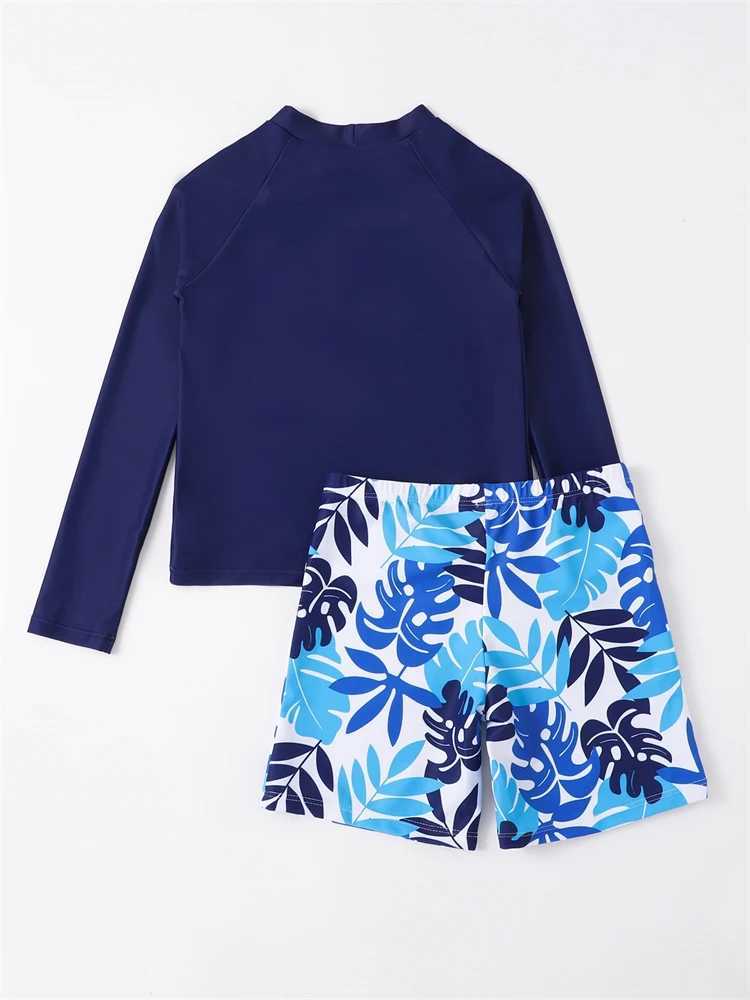 Boy Swimsuit 2025 New Two Piece Solid Long Sleeves Children Swimwear Summer Print Shorts Beachwear Kids Bathing Suit Swimming X250224
