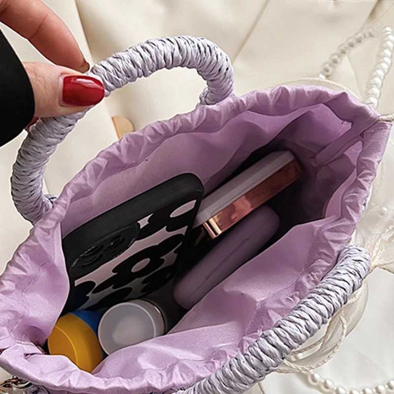 Pearl Bow Decor Straw Bag For Women Handmade Woven Top-handle Bag Vacation Seaside Beach Bag Basket Casual Shoulder Bags Basket