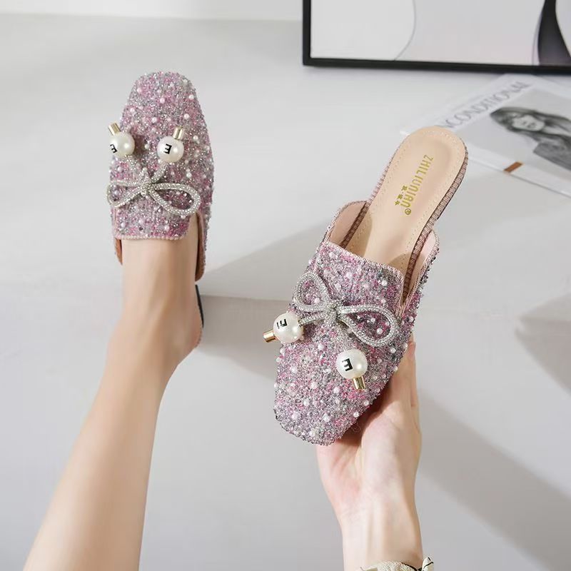 2025 Stylish rhinestone pearl slippers retro personality slip-on baotou single shoes comfortable light beautiful casual