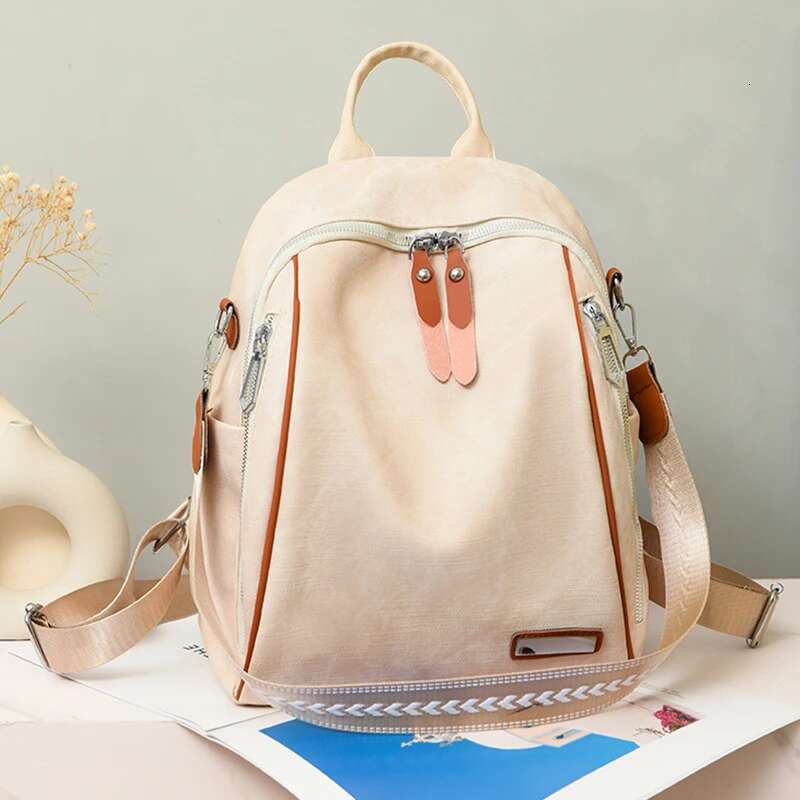 Retro Soft Leather Ladies Vintage Rivet Design Large Capacity Student Multi-Pocket Solid Color Casual Backpack