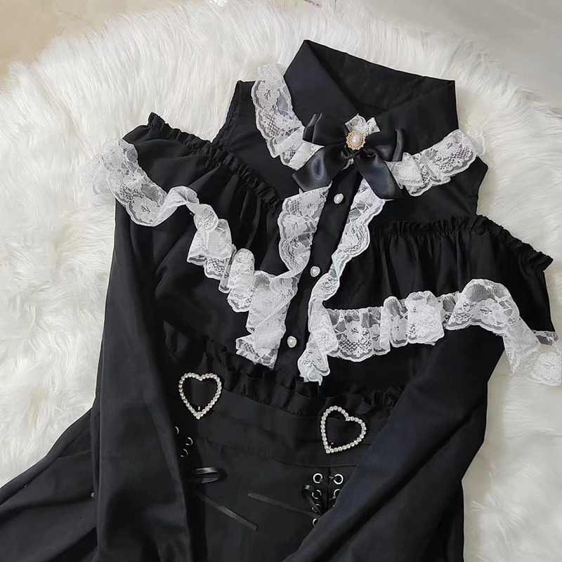 Kawaii Women Shirts Jirai Kei Lolita Y2K Cute Japanese Style Blouse Elegant Long Sleeve Sweet Tops Casual Aesthetic Shirt 250225