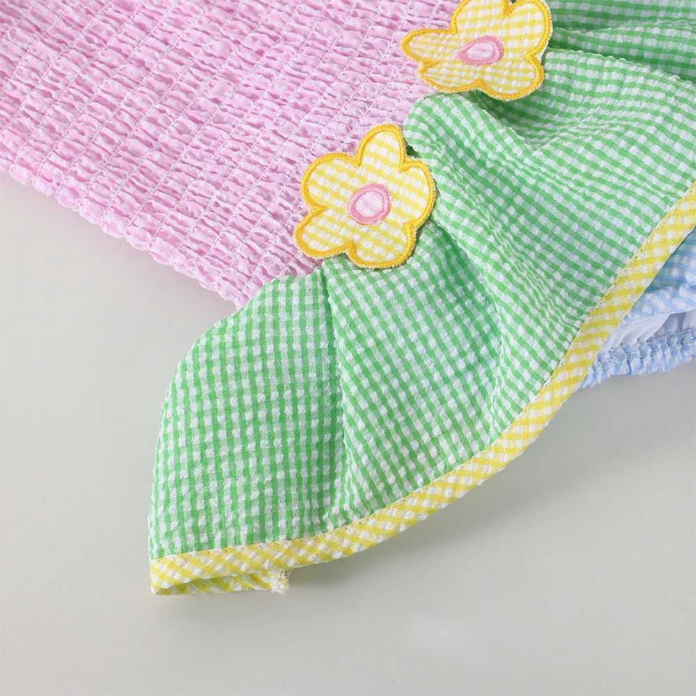 Little Girls Summer Swimwear Two Piece Cute Patchwork Seersucker One Piece Trunks For Boys Beach Sleeveless X250224