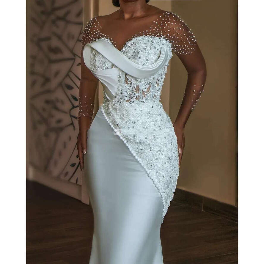 African Satin Mermaid Wedding Dress 2024 For Bride Sheer Neck Long Sleeve Appliques Beading Bridal Formal Gowns Civil Vestidos De Noivas