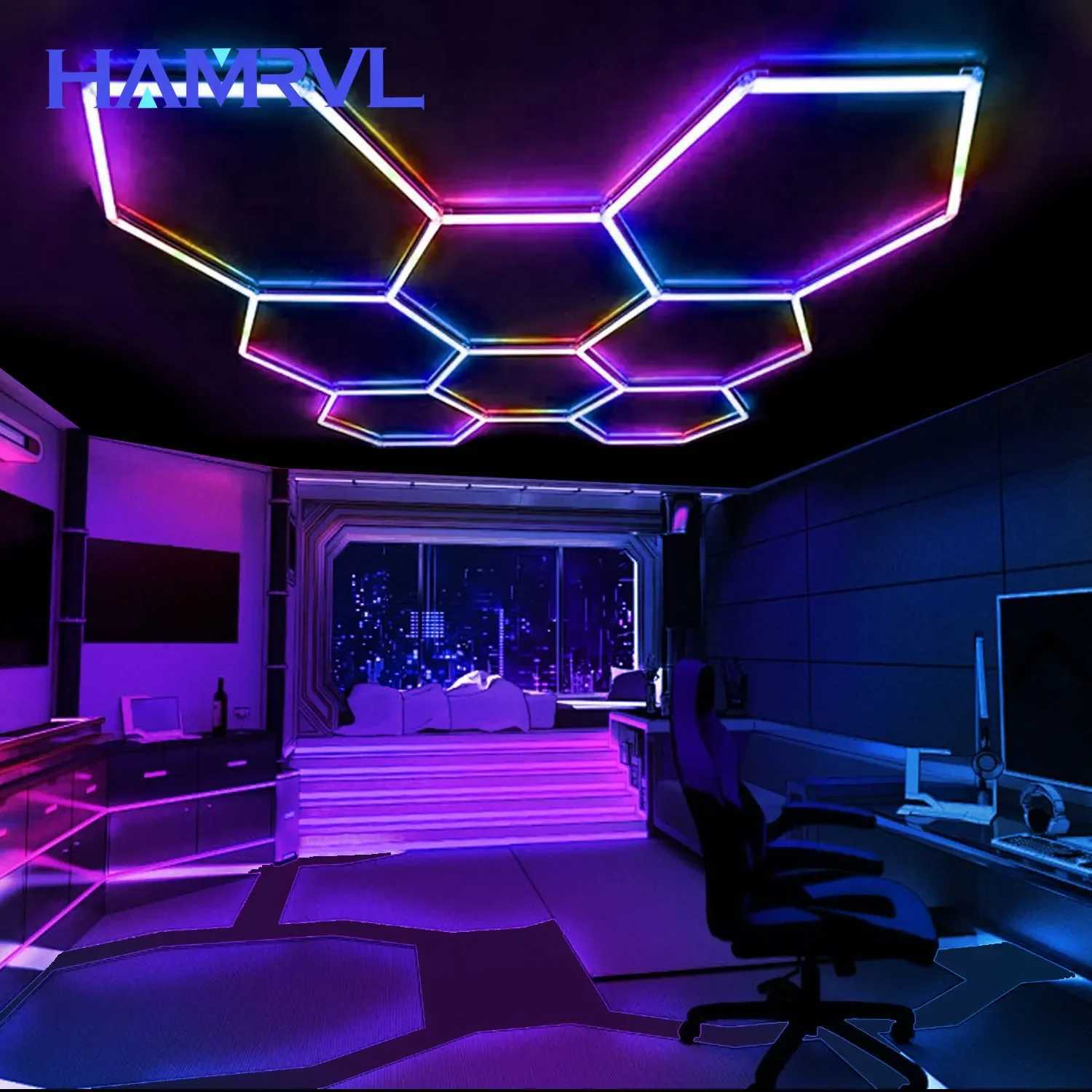 Cutomized Hexagon LED garage light RGB pendant light with adjustable color changes multi-mode gaming wall panel room decoration store X250225