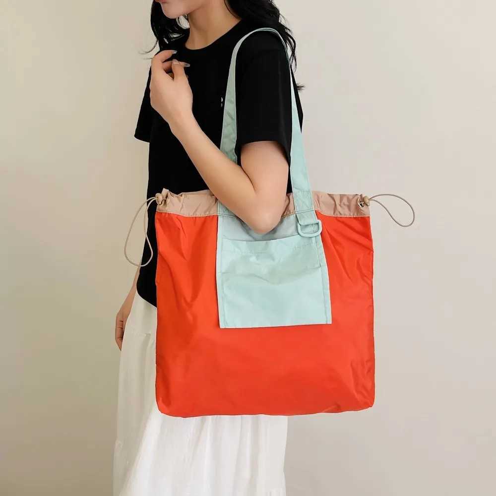 Colorful Foldable Shopping Bag Reusable Large Capacity Pocket Handbag Environment-Friendly Waterproof Drawstring Tote Bag Travel Z250225