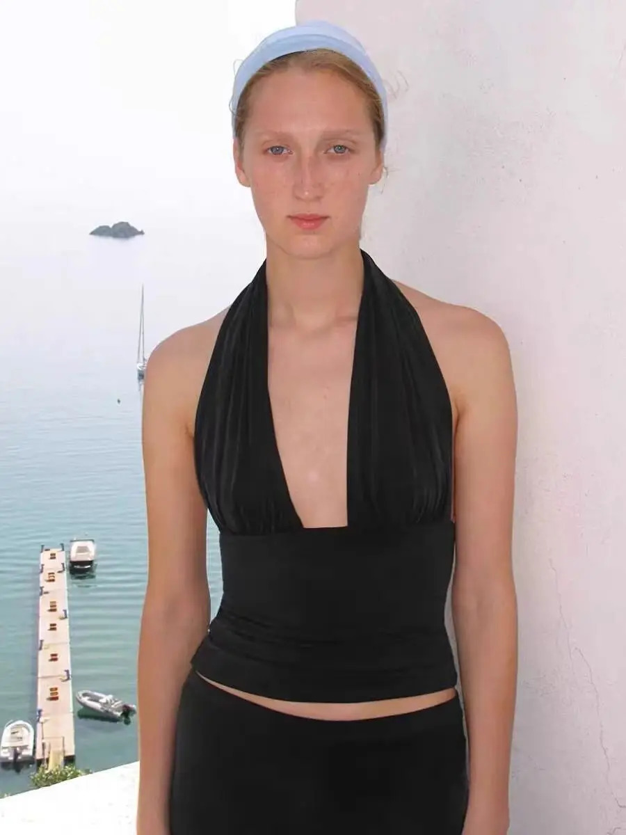 WOOL Spain Versatile Smooth and Comfortable Multi Color Strap Elastic Hanging Neck V-neck Tank Top for Women 250224