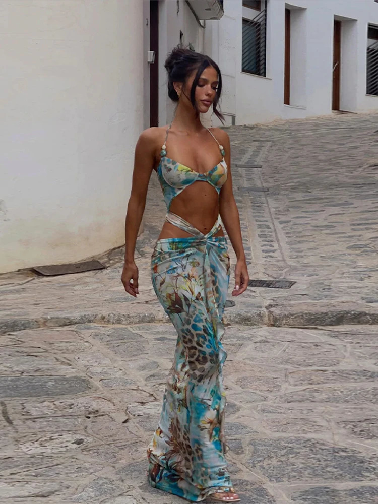 Vintage Green Printed Bikini Ruffles Hem Midi Dress Sexy Cut Out Halter Side Slit Dresses For Women Summer Beach Playwear 2025 250225