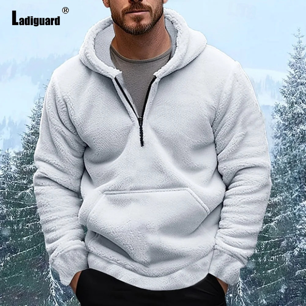 Winter Casual Plush Hoodies Mens Stand Pocket Sweatshirts European Style Fashion Zipper Sweatshirt Men Vintage Pullovers 250224