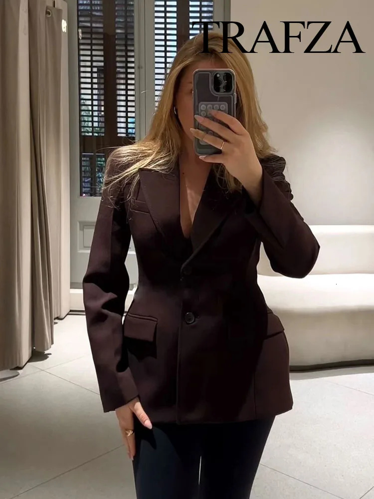 TRAFZA Women Fashion Suits Brown TurnDown Collar Long Sleeves Single Breasted BlazerHigh Waist Zipper Skirt Female Spring Sets 250222