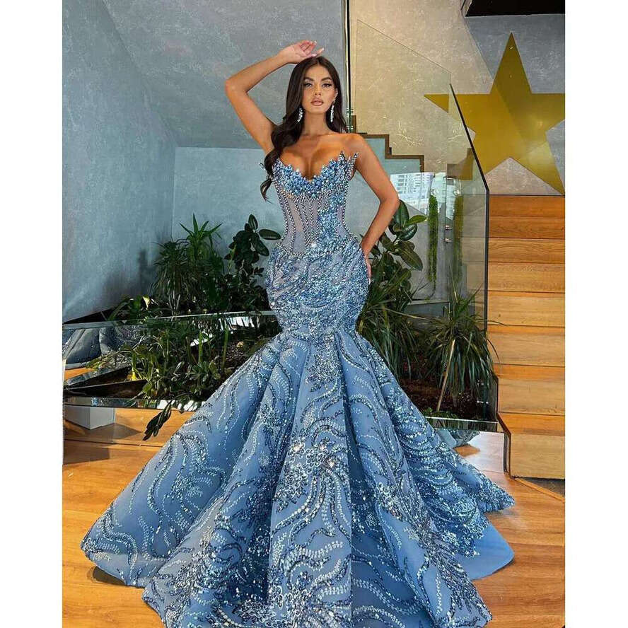 Crystal Sequined Beaded Mermaid Prom Dress Dia Strapless Formal Ocn Evening Dresses Custom Made 0717