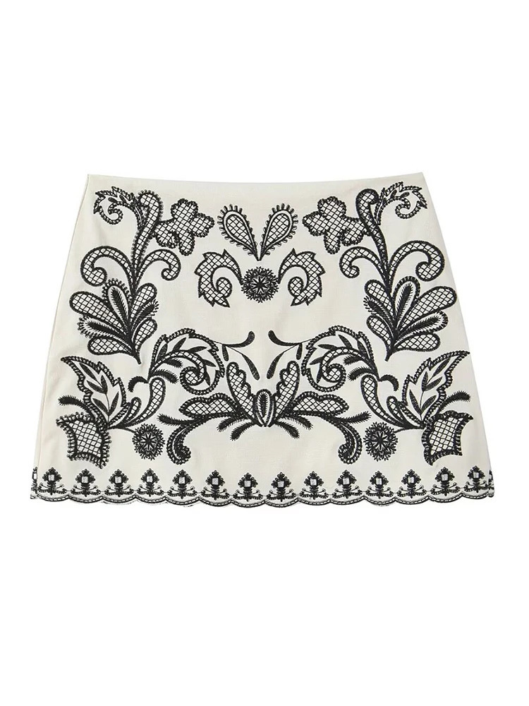 TRAF Women Fashion Embroidered 2PCS Skirts Set 2024 Chic Halter Shirt Neck Backless Top Summer Sexy Shorts Sets 250222