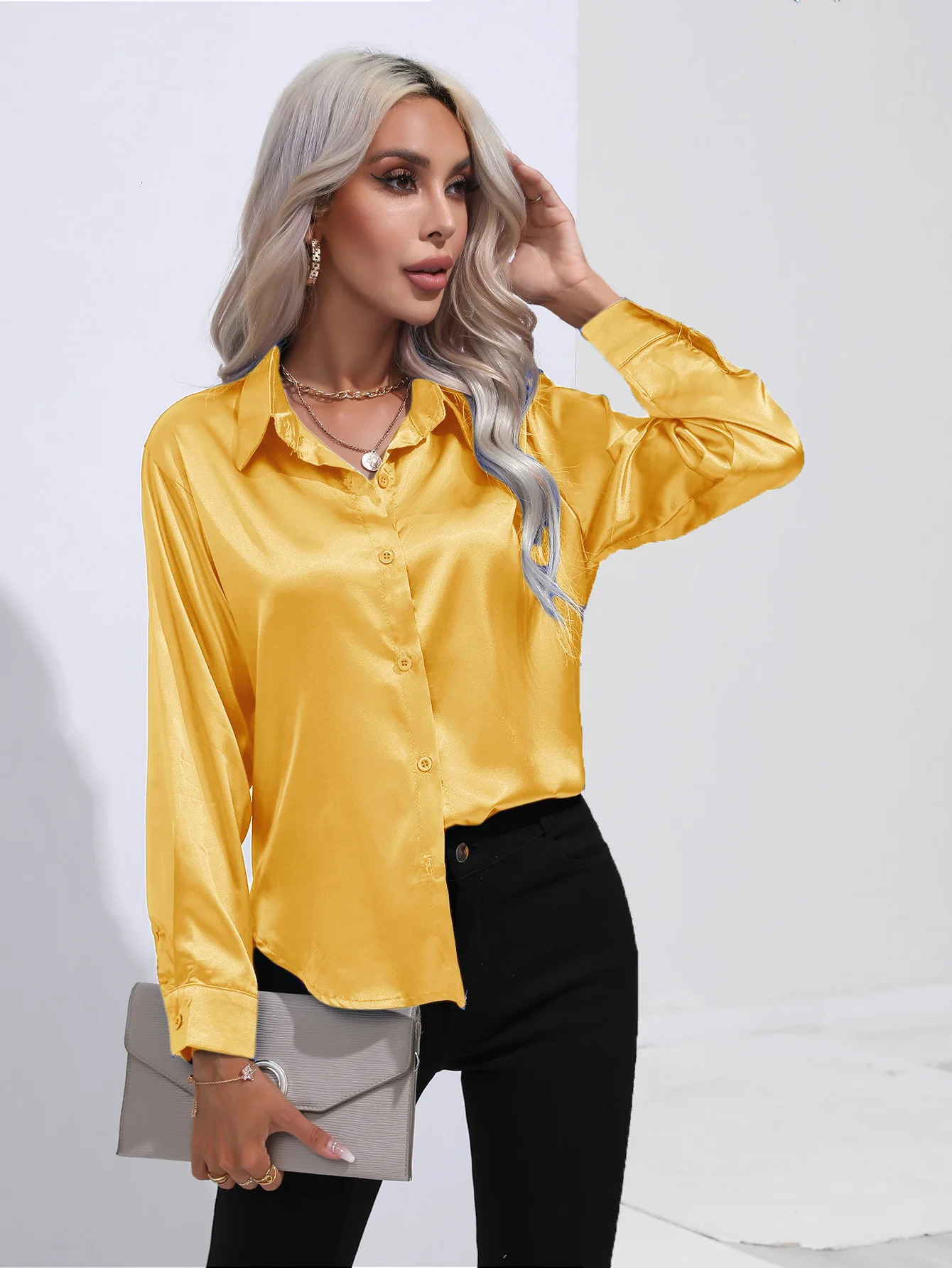 Spring Satin Shirt Women Loose Button Up Blouse Shirt Ladies Silk Long Sleeve Shirt For Women 250225