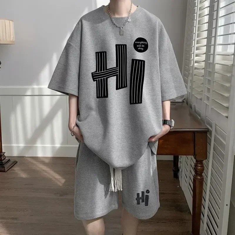 Casual Mens Summer T-Shirt Shorts Two-Piece Set Loose Fit Hong Kong Style Printed Plus Size Sportswear 250318