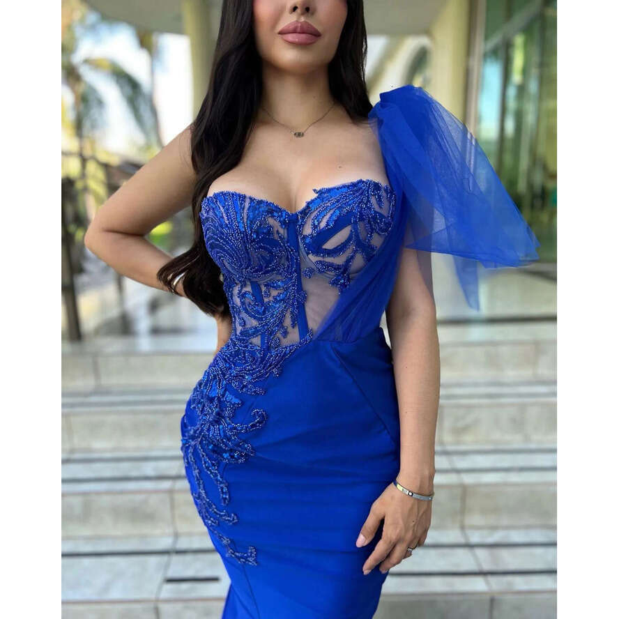Blue Royal Mermaid Prom Dress Detachable Train Illusion Sequins Bodice Evening Dresses Tulle Shoulder Backless Beauty Women Formal Gown