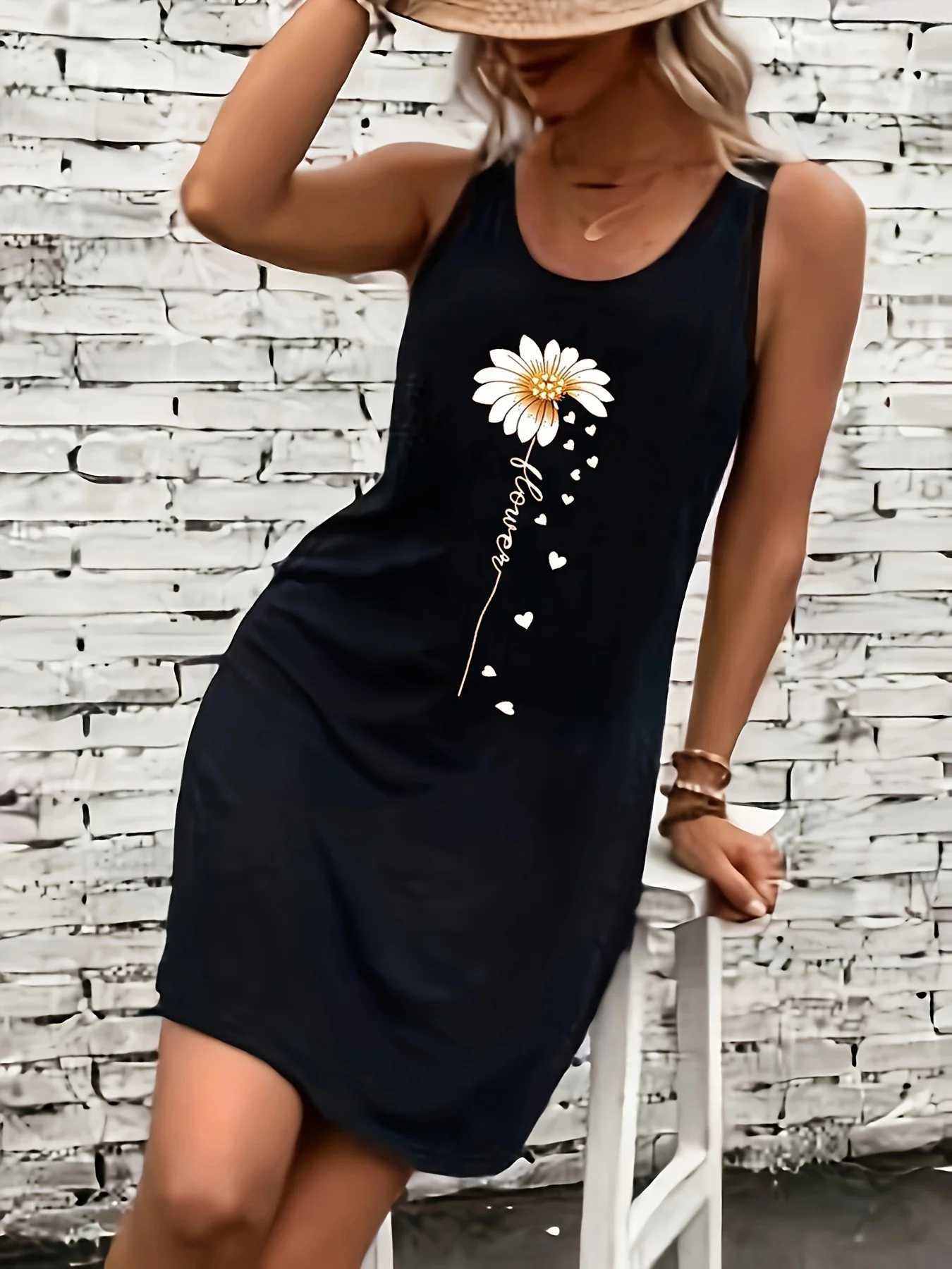 Summer black sexy dress Womens Suower Print Casual Slim Fit Sveless Round Neck T-shirt Mini DressXJ250224