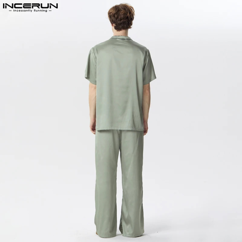 Men Sets Solid Color Streetwear Satin Lapel Short Sleeve Shirt Pants Two Pieces Sets Fashion Mens Casual Suits INCERUN 250225