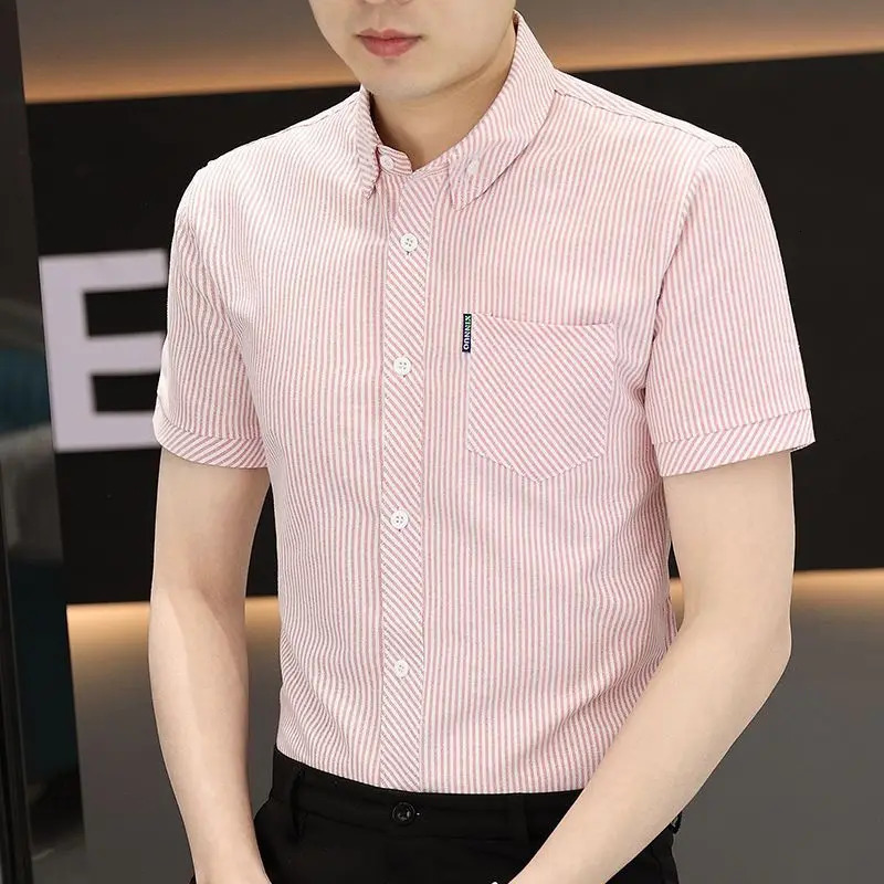 Striped Shirt for Men Korean Style Slim Short-sleeved Iron-free Casual Cardigan Summer Half-sleeved Top Pocket 250224