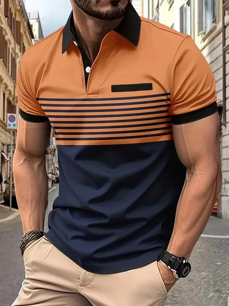 Summer Striped 3D Printed Mens Polo T Shirt Fashion Lapel Button Zipper Top Hipster Trend Streetwear Short Sleeve Tops 250318