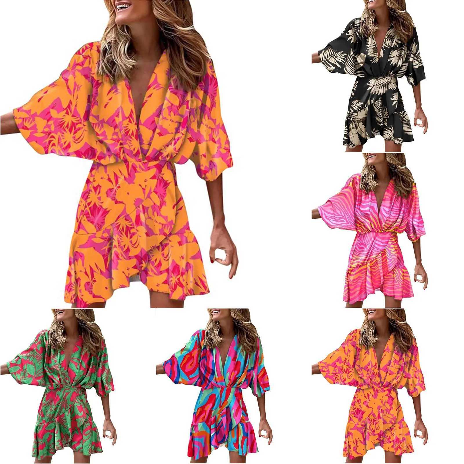 Summer Batwing All dresses for women V Neck Floral Print beach dress For Women casual Irregular Hem Short DressesXJ250224