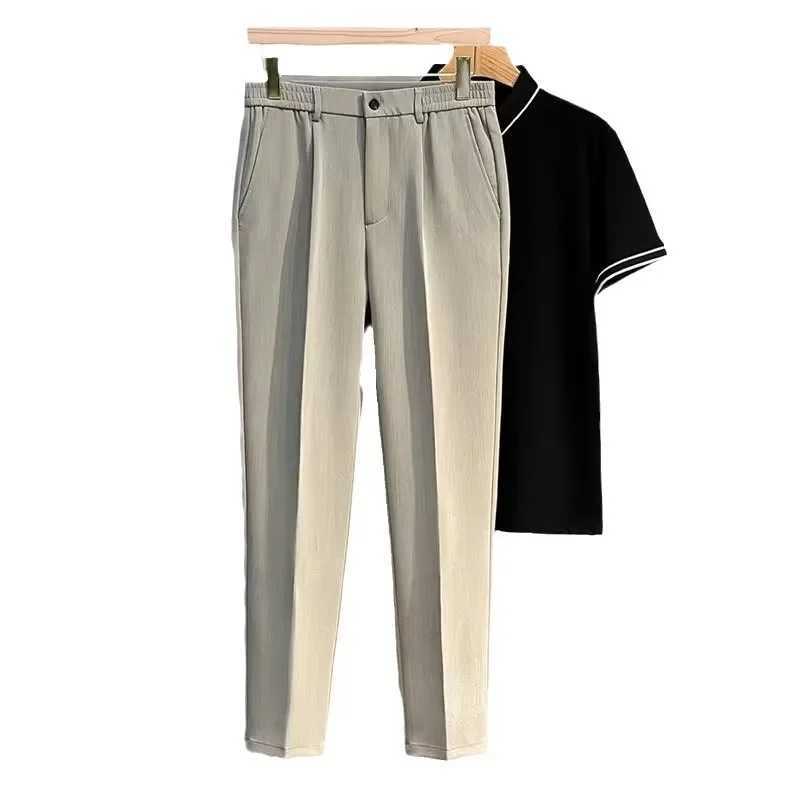 Mens Straight-Leg Casual Pants Plus Size Slim Fit Black Autumn/Winter Suit Pants Simple Style Ninemeter Shorts W250225