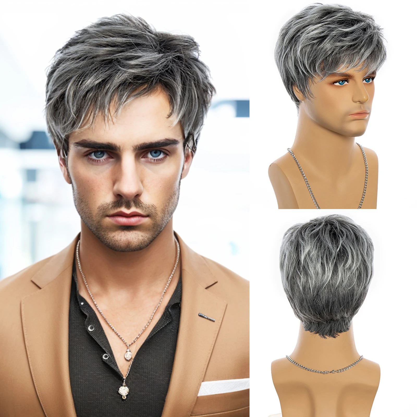 Gray and White Mens synthetic Wigs Fashion Mens Short Hair Cosplay Man Hair for daily use 250224