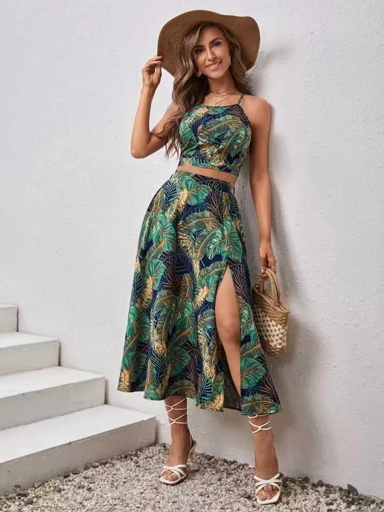 Basic Dresses Casual Bohemian Beach Vacation Set Dress For Womens Sexy Vest Camisole Top A-line Skirt Two-Piece Boho Print Sets Outfit Woman H25224 C2