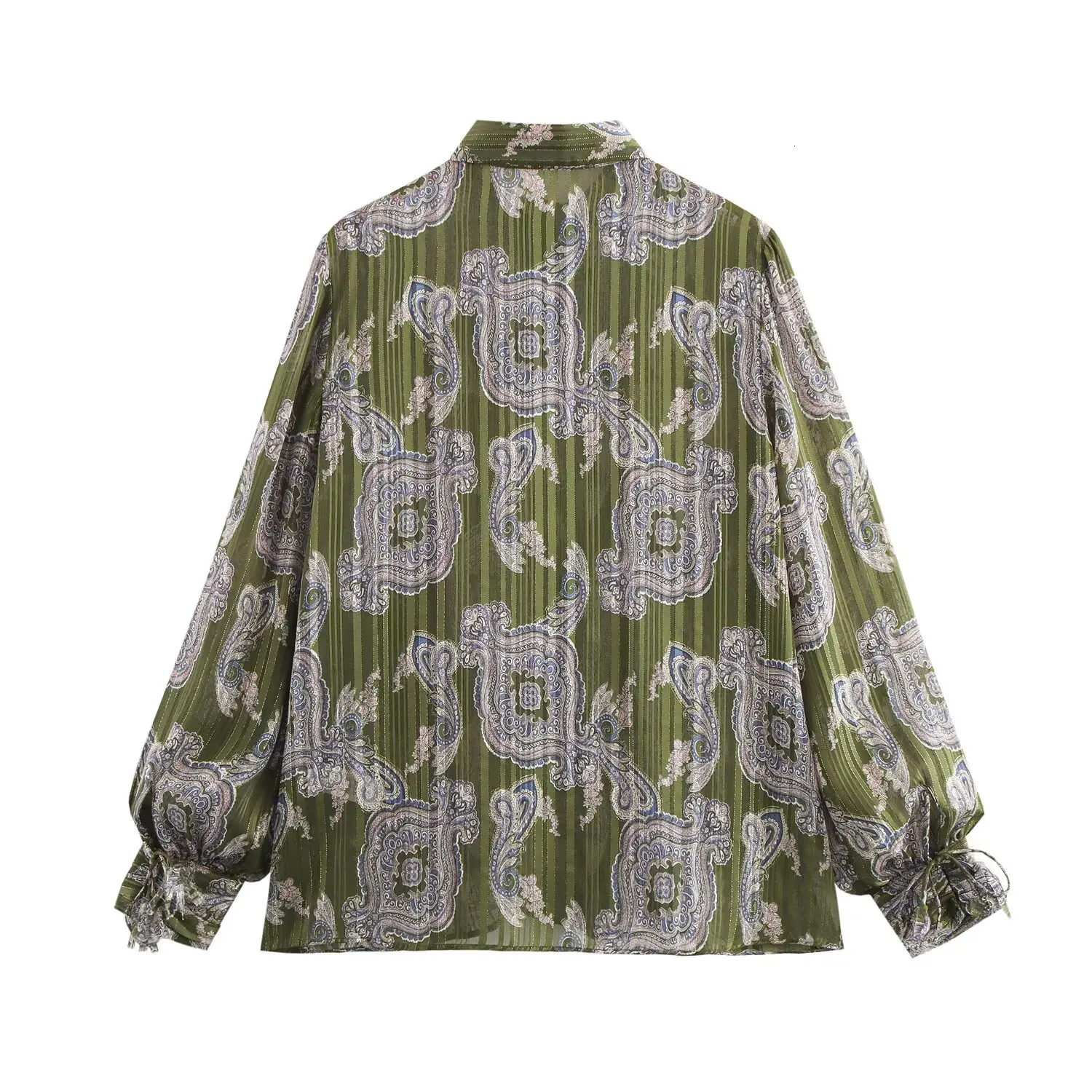 Taop Za Womens 2025 Spring Metallic Line Printed Shirt POLO Collar Lantern Sleeves Style Temperament Top 250224