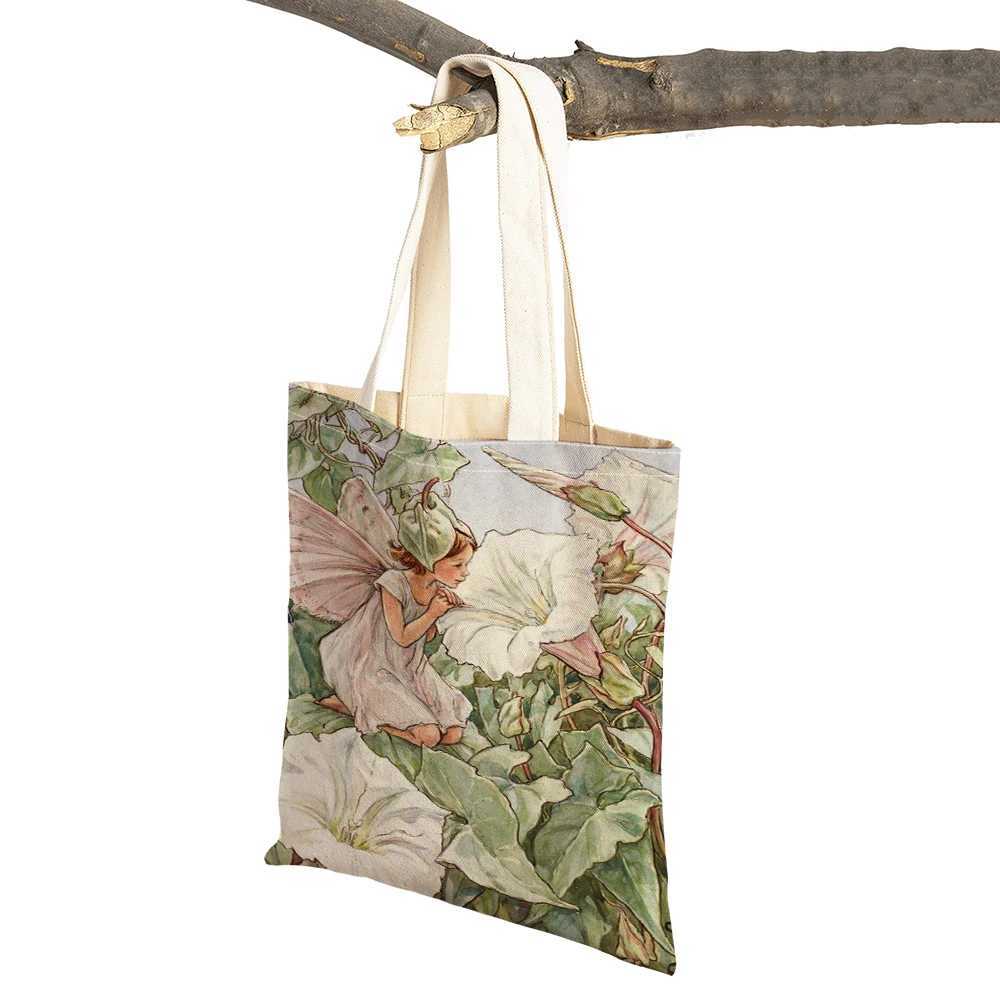 Double Print Child Shopper Bags Casual Fairy Tale World Elves Linen Tote Handbag Cute Cartoon Flower Girl Shopping Bag for Women Z250224