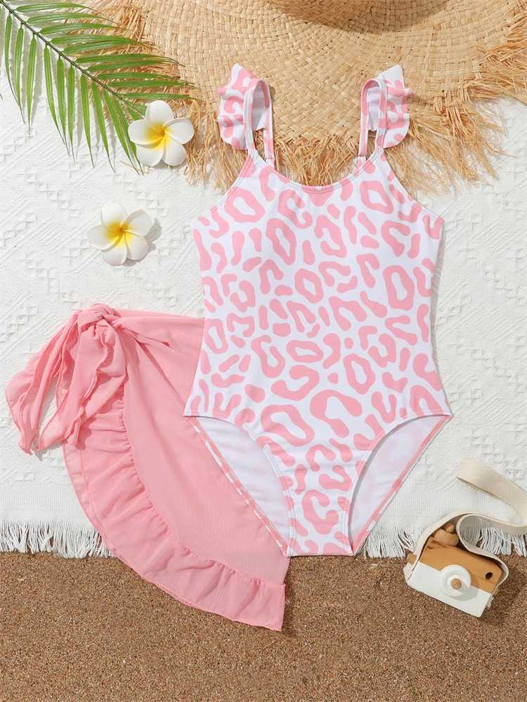 Bikini Girls Childrens Swimsuit 2025 New Leopard Ruffle Strap Swimsuit Childrens Swimsuit Summer Two Piece Beach Swimsuit X250224