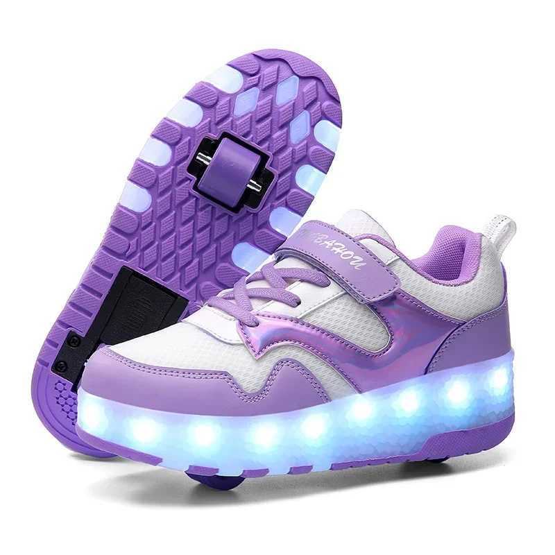 Childrens dual wheel luminous sports shoes pink LED light heel roller skating shoes childrens LED shoes boys USB charging W250225
