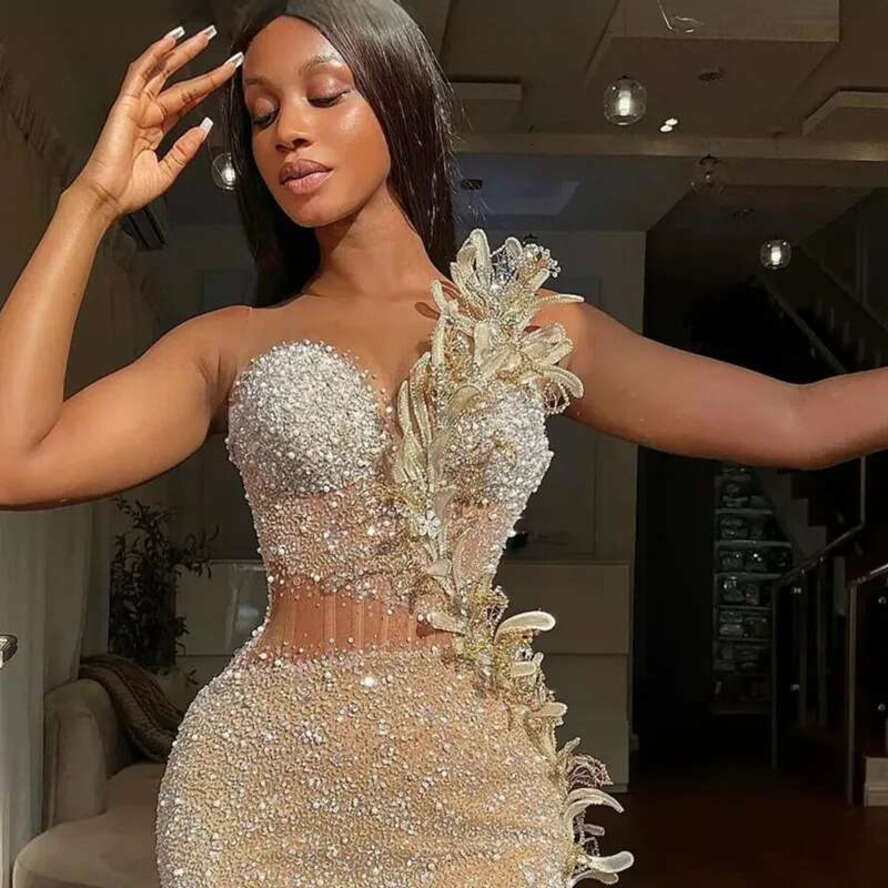 Aso Ebi Gold Prom Sequined Mermaid Sexy Side Split Evening Birthday Party Second Reception Dresses African Arabic Formal Dress Engagement Gowns St231