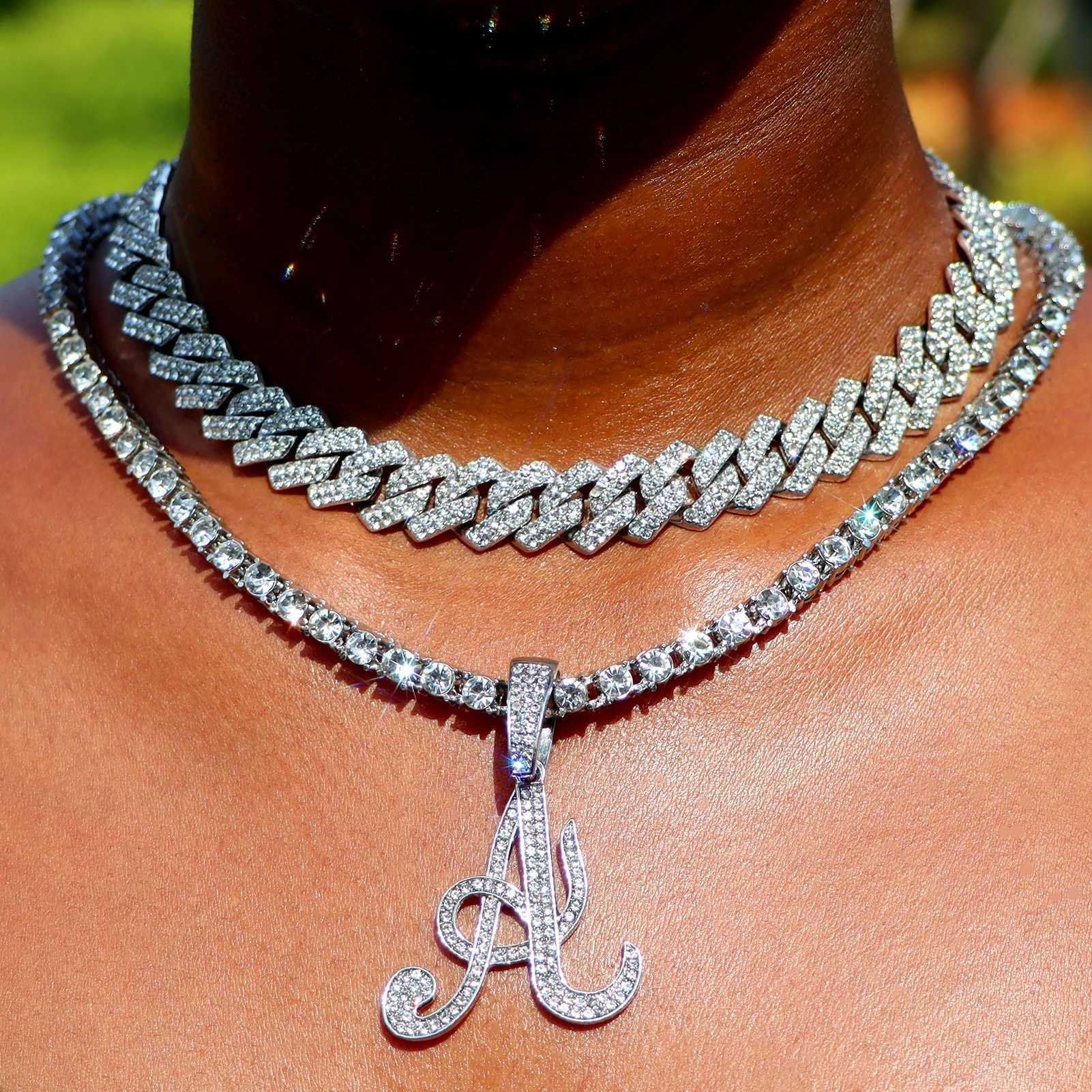 d Out Prong Cuban Chain Choker Necklace Bling Crystal Cursive Initial Tennis Chain Letters Pendant Necklaces Birthday Jewelry X250224