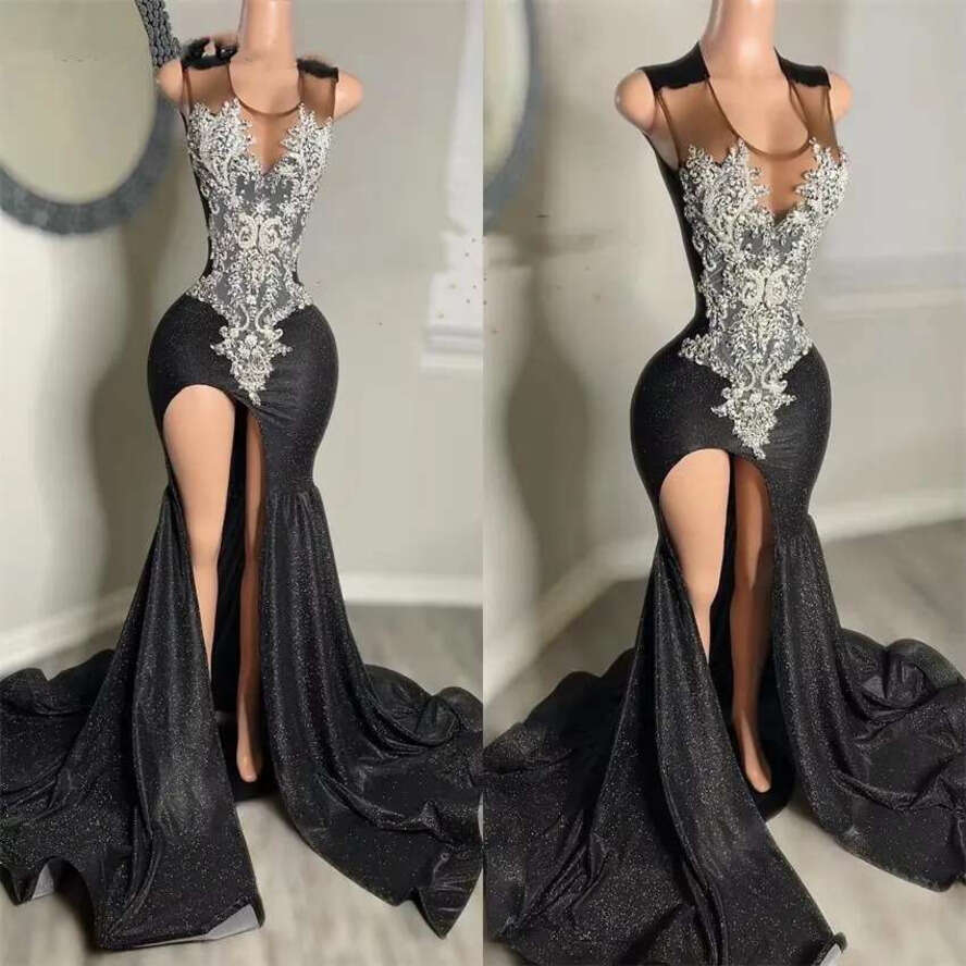 Lace Glitter Mermaid Prom Dresses Beading Side Split Sexy Birthday Party Evening Gowns For Black Girl