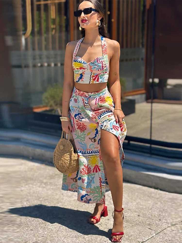 Sexy Printed Halter Women Skirt Suits Sleeveless Backless Crop Top Single Breasted Split Skirts 2024 Summer Chic Lady Sets 250222
