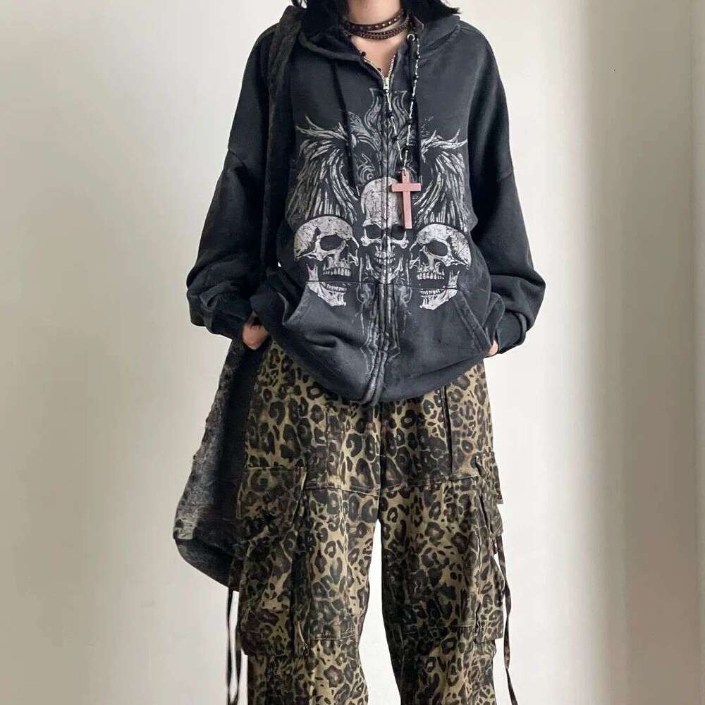 Dark Y2K Gothic style autumn/winter American skull print zipper hooded with plush niche sweatshirt jacket