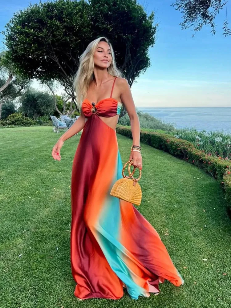 Gradient Bikini Slip Dress Hollow Out Sexy Slim Fit Rainbow Color Print Halter Robes Island Style Vacation Beach Long Dresses 250225