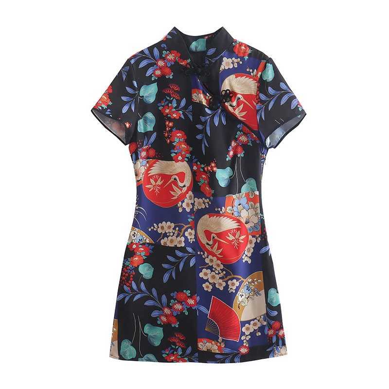 SIYANG Vintage Print Knot Chinese Dresses Women Ele Short-Swed Mini Dress Ladies Chic OutfitsXJ250224