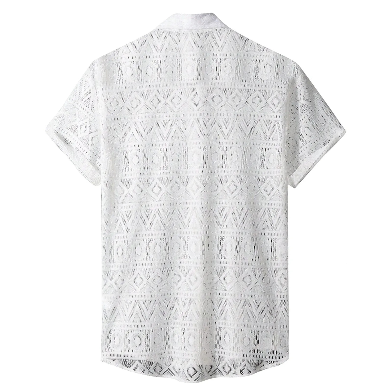 Crochet Party Beachwear For Man Summer See Through Shirts Mesh Lapel Night Club Clothing Short Sleeve Casual Festival Outfit 250222